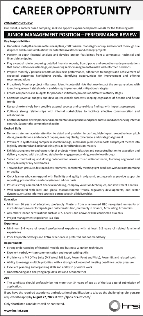 Jobs in HRSI Karachi